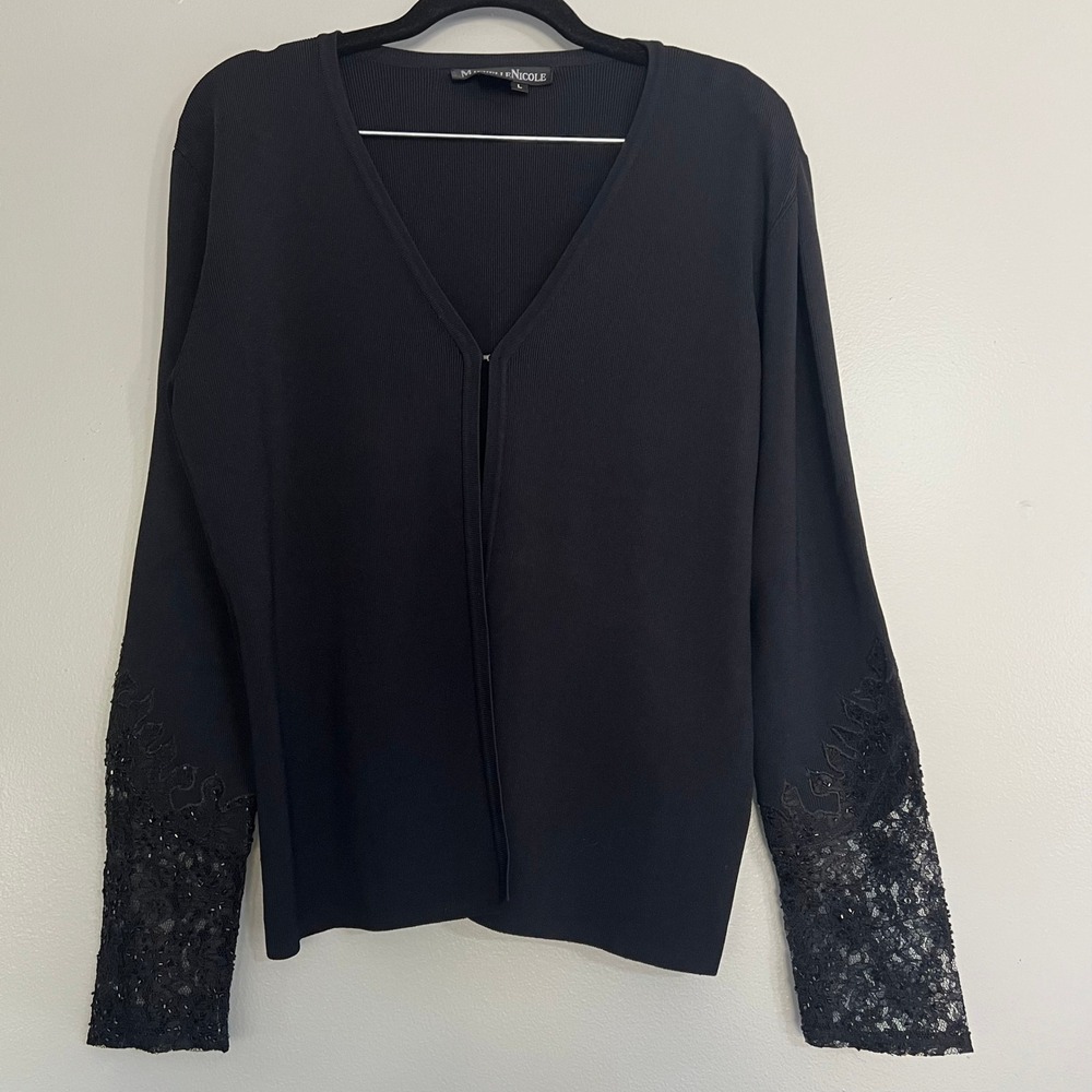 Michelle Nicole Black Ribbed Cardigan Lace Sequin Cuffs V-Neck Whimsigoth Large